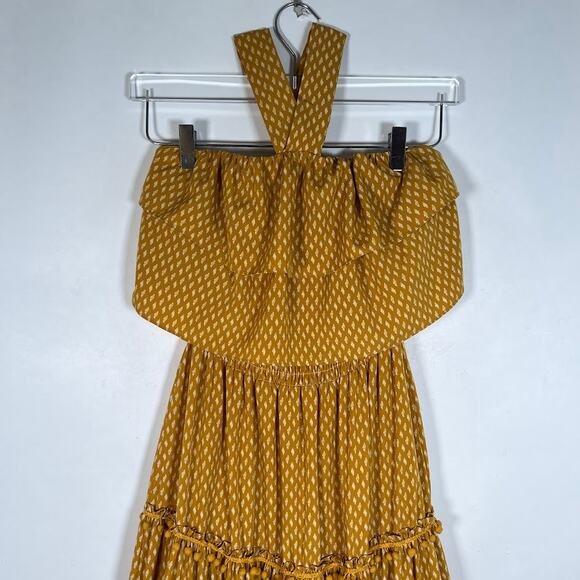 Sandro Paris Halter Tiered Midi Dress S Pom Pom Trim Marigold Block Print - Picture 4 of 8